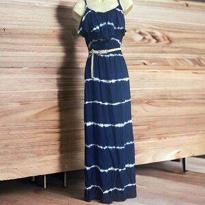 Iz Byer Boho Tie-Dye Maxi Dress Sleeveless Braided Belt Blue